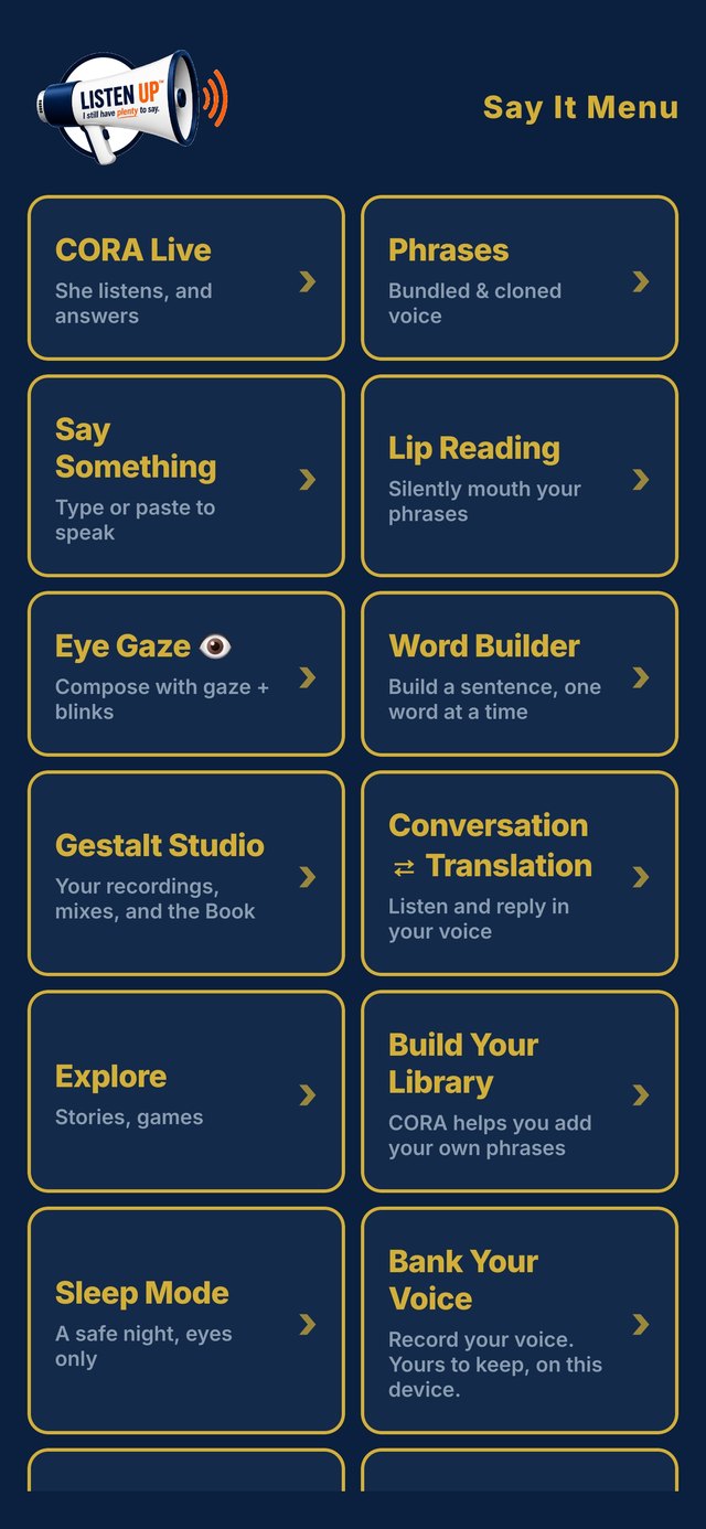 The Say It menu on the Grand Voice OS device: CORA Live, Phrases, Say Something, Lip Reading, Eye Gaze, Word Builder, Gestalt Studio, Conversation Translation, Explore, Build Your Library, Sleep Mode, Bank Your Voice