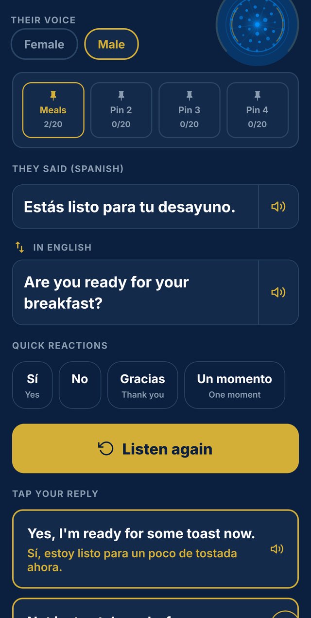 Conversation Translation: a sentence heard in another language, shown in both languages, and a reply ready to speak