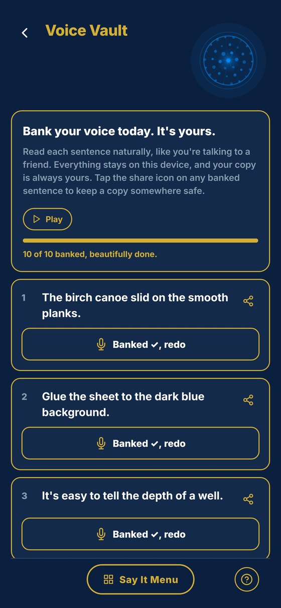 Voice Vault on the device: bank your voice today, it is yours; ten of ten sentences banked, each with a play and redo control